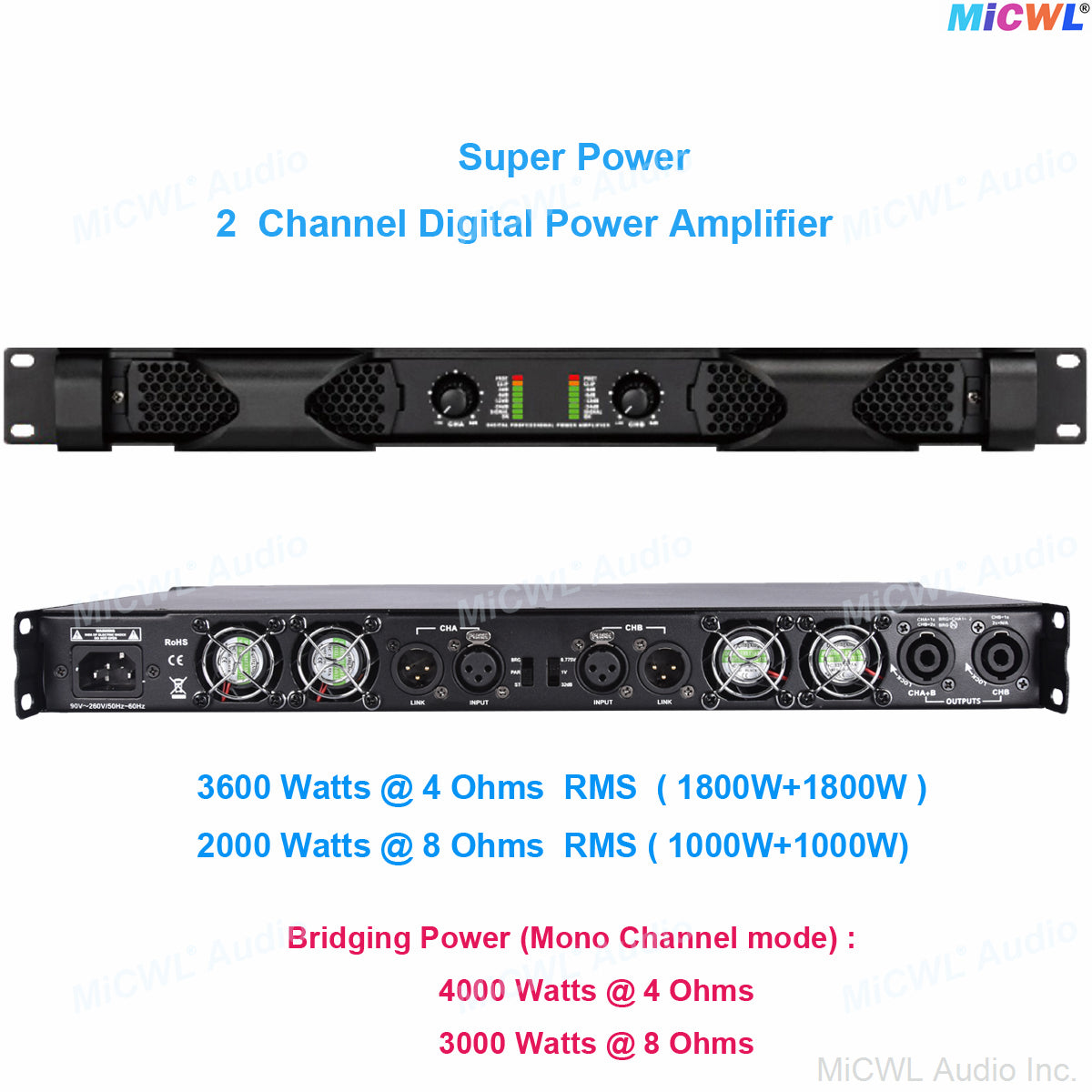 MiCWL 2 Channel 1U Digital Power Amplifier | 4000W Peak, 1800W RMS @4Ω / 1000W RMS @8Ω for Stage, KTV, Bar & Commercial Audio