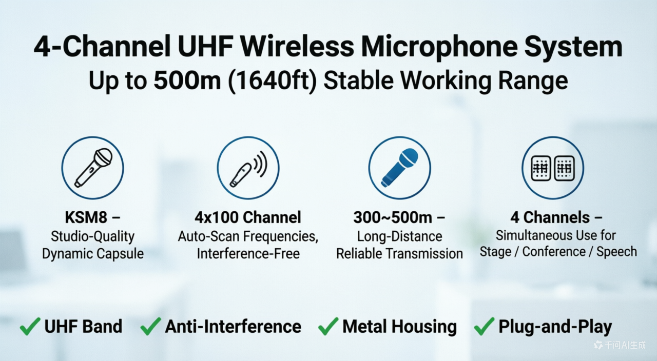 High Quality KSM8 Handheld 4x100 Channel UHF Digital Wireless Microphone System – 4x KSM8 Mics300-500m Range For Stage