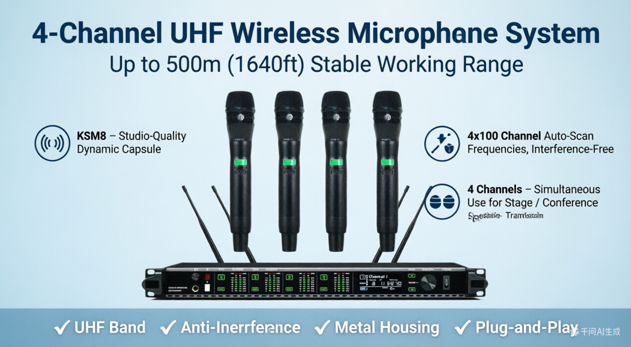 High Quality KSM8 Handheld 4x100 Channel UHF Digital Wireless Microphone System – 4x KSM8 Mics300-500m Range For Stage