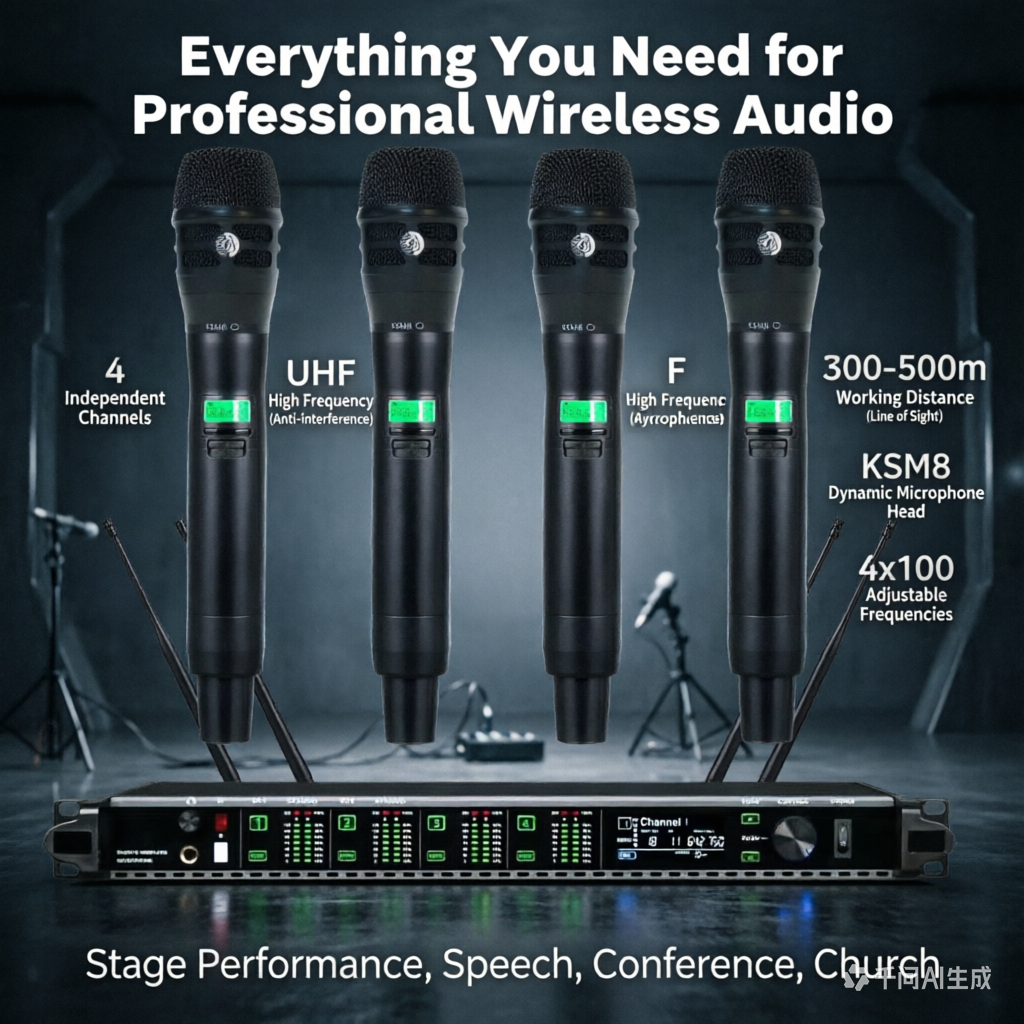 High Quality KSM8 Handheld 4x100 Channel UHF Digital Wireless Microphone System – 4x KSM8 Mics300-500m Range For Stage