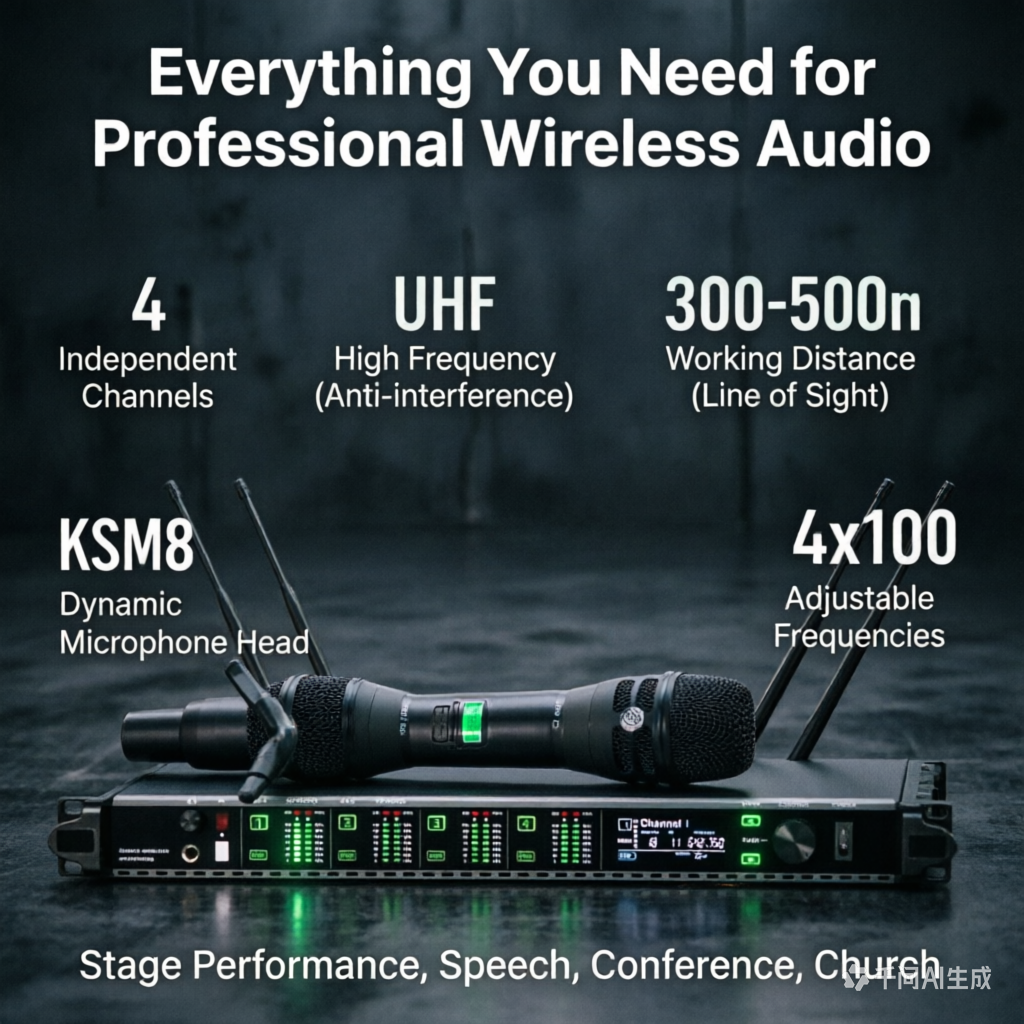 High Quality KSM8 Handheld 4x100 Channel UHF Digital Wireless Microphone System – 4x KSM8 Mics300-500m Range For Stage