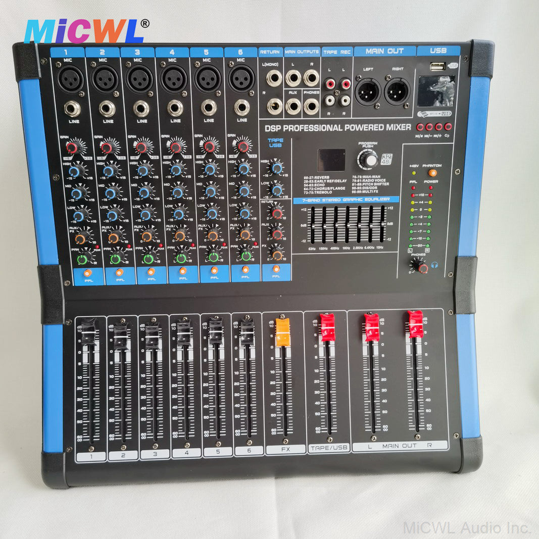 Pro 6-Channel 1200W Power Mixer with Bluetooth, USB, 48V Phantom, 5-Band EQ, Monitor and Dual Channel Amplfier MiCWL BG600