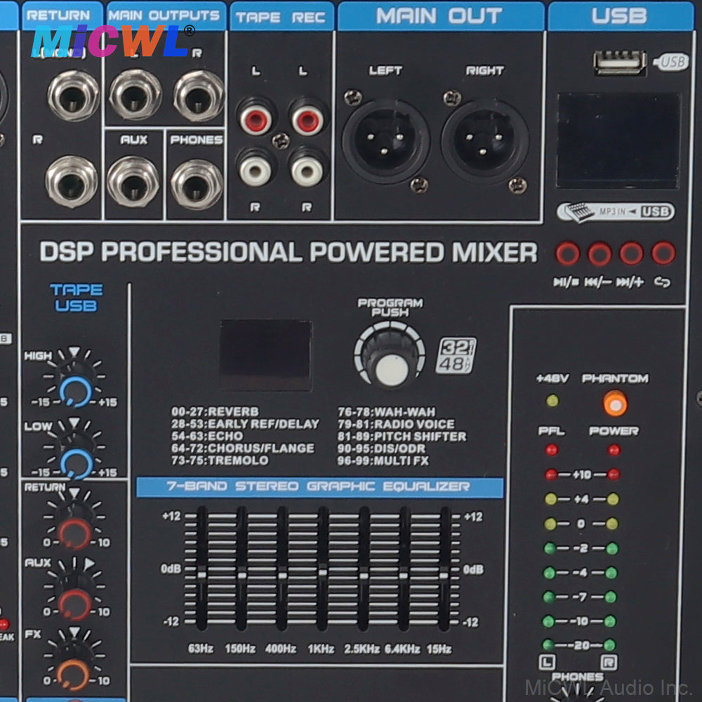 Pro 6-Channel 1200W Power Mixer with Bluetooth, USB, 48V Phantom, 5-Band EQ, Monitor and Dual Channel Amplfier MiCWL BG600