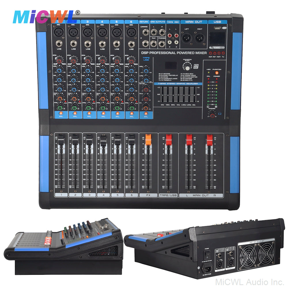Pro 6-Channel 1200W Power Mixer with Bluetooth, USB, 48V Phantom, 5-Band EQ, Monitor and Dual Channel Amplfier MiCWL BG600