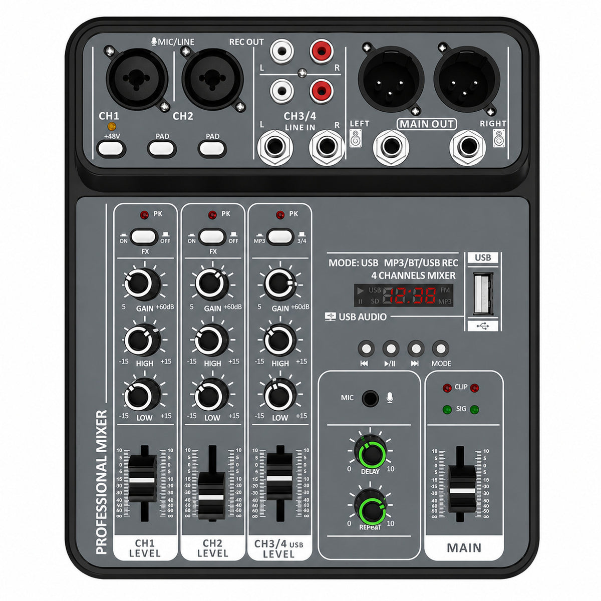 4-Channel USB Audio Mixer with Bluetooth, 48V Phantom Power & FX