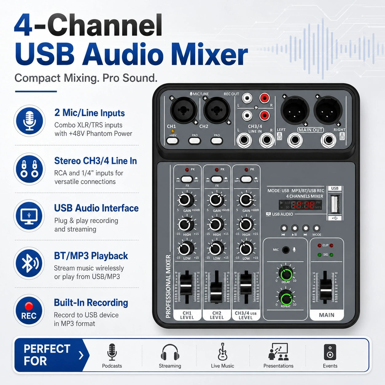 4-Channel Mini USB Bluetooth Audio Mixer