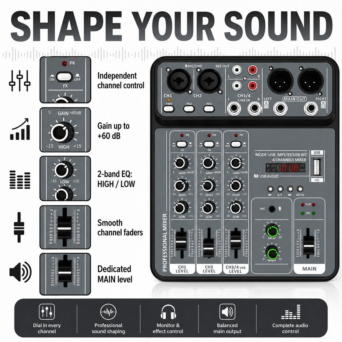 4-Channel USB Audio Mixer with Bluetooth, 48V Phantom Power & FX