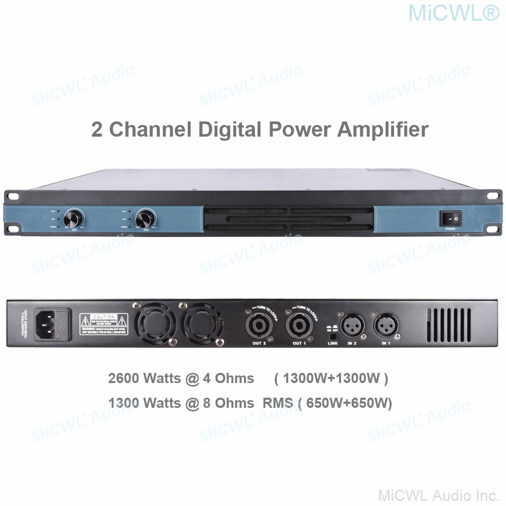 CA6200 Professional 2 Channel 2600W Digital Power Amplifier 1U Rack Mount for Stage Concert PA