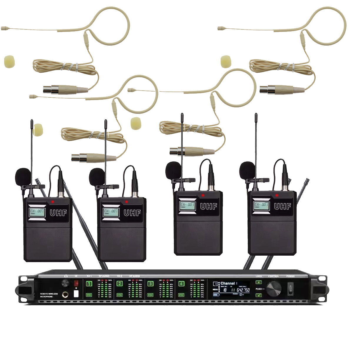 AD4Q Wireless Headset Mic System 4 Channel Digital UHF - 4 Pack Beige Omnidirectional Microphones for Stage Singing, Conference, School Teaching