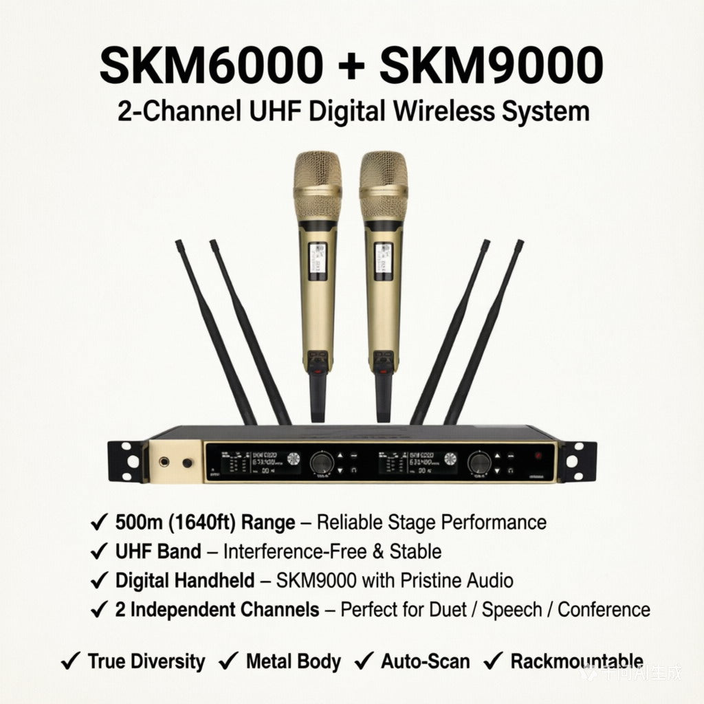 EW6000 Dual-Channel Digital Wireless Microphone System – SKM6000 Receiver + 2× SKM9000 Handheld Mics, 300 Channels, True Diversity