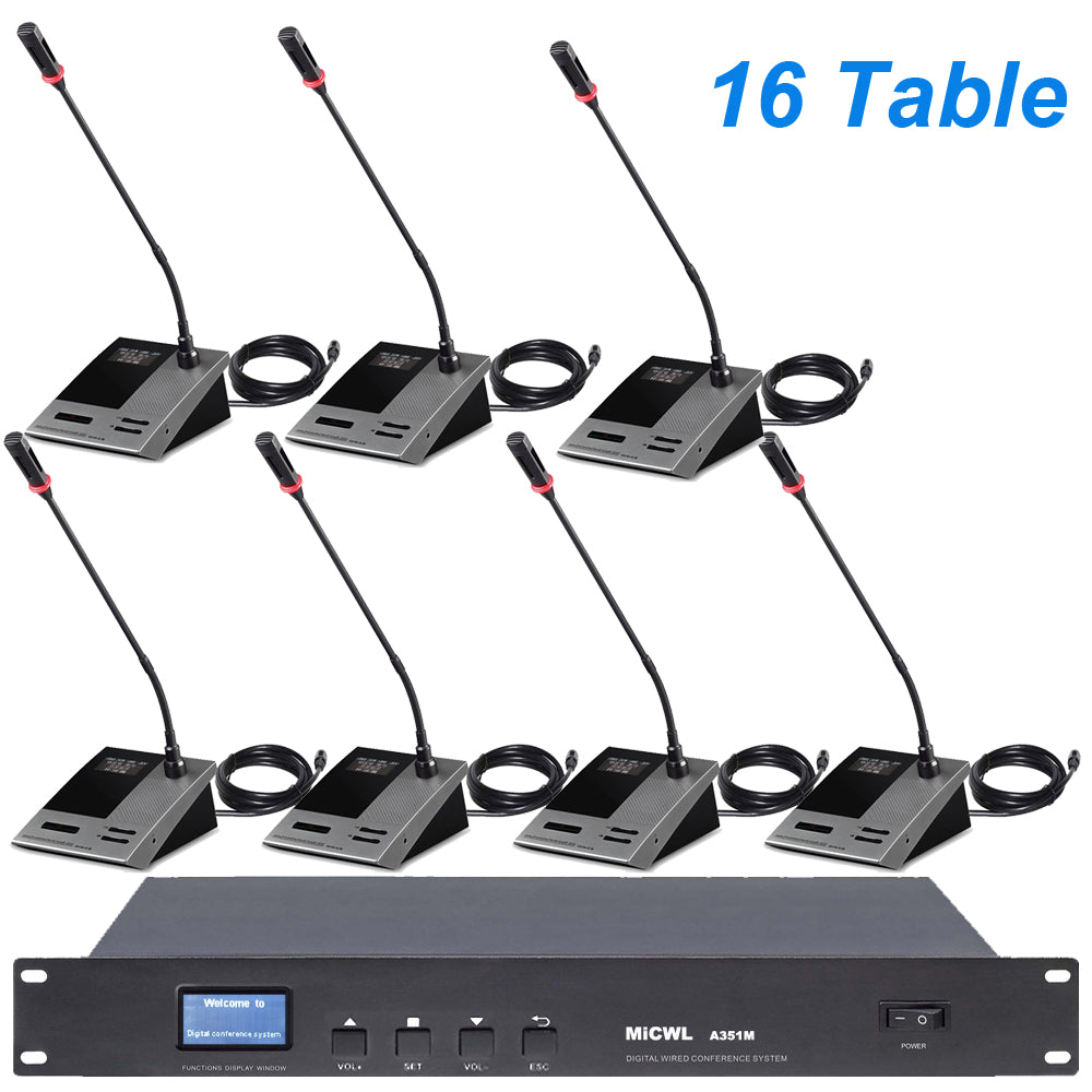MiCWL A351M-A3516 Built-in Speaker 16pcs Desktop Gooseneck Wired Conference Microphone System President Delegate  16 Table Set