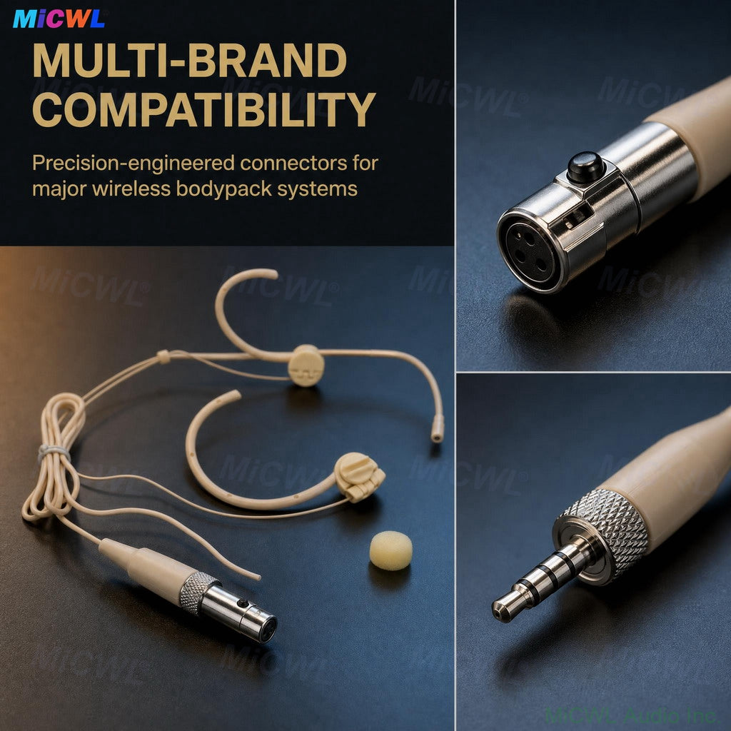 Beige WBH53 Foldable Dual ear-hook Headset Microphone For Sennheiser Shure AKG Samson Wireless BeltPack Omnidirectional Capsule