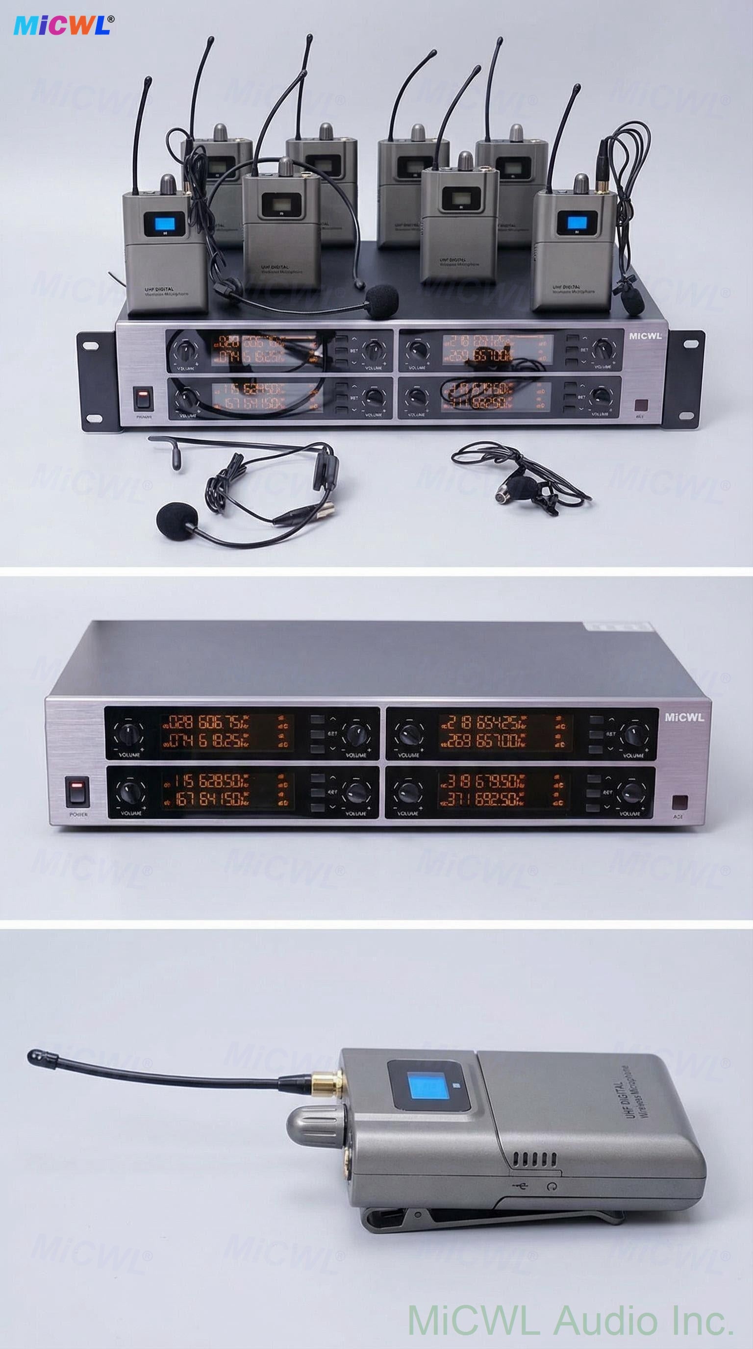 MiCWL D3900 Pro 8-Channel Digital UHF Wireless Microphone System – 8 Headset + 8 Lavalier Mics, 8x50 Freq Groups (400+ Channels), Encrypted Audio for Stage, Church, School, Karaoke, DJ, Live Streaming