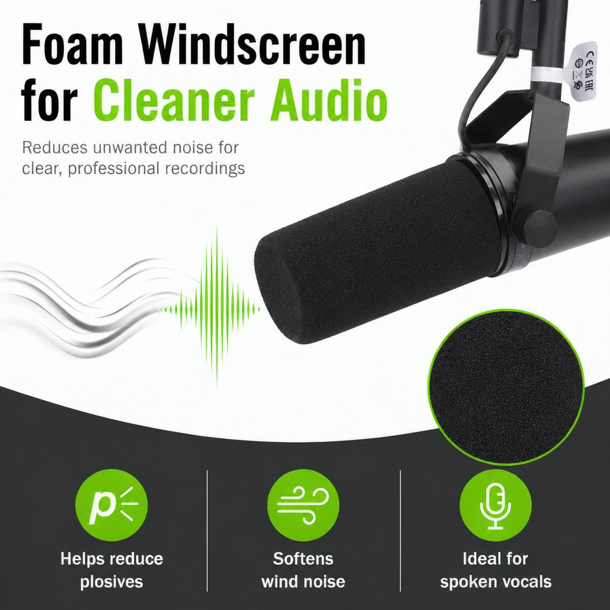 BD-7 foam windscreen reduces plosives and wind noise