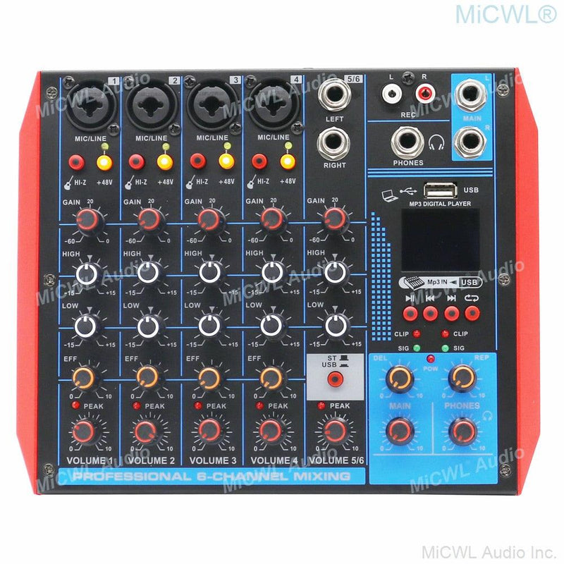 MG6-USB Portable Mixer Computer Live USB Bluetooth Mixing Console Audio Card 4 6 8 Channel Microphones 48V Switch - MiCWL Audio Inc
