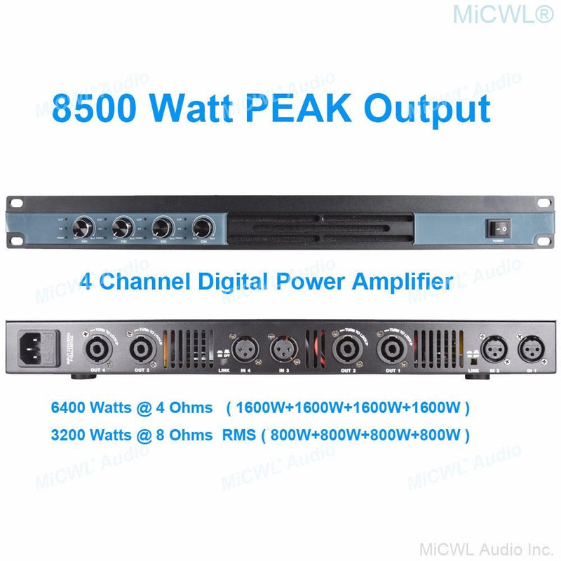 MiCWL High Power 6400W Digital Power Amplifier 4 Channel Drive 800W Speaker Each Channel DJ Karaoke Stage Studio 5200 Watt AMP - MiCWL Audio Inc