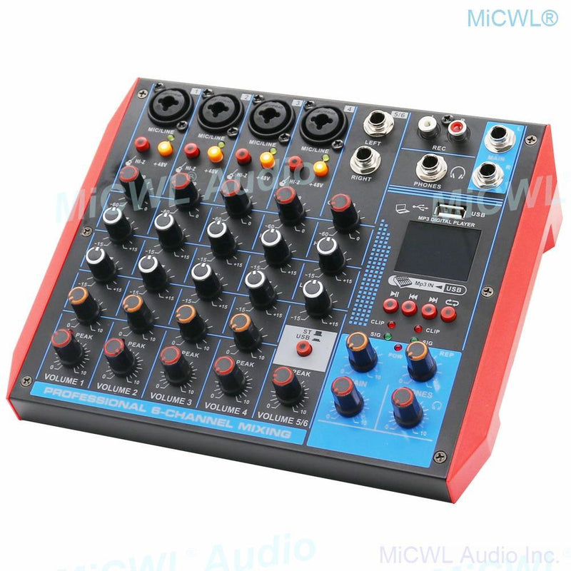 MG6-USB Portable Mixer Computer Live USB Bluetooth Mixing Console Audio Card 4 6 8 Channel Microphones 48V Switch - MiCWL Audio Inc