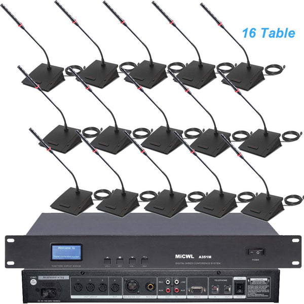 MiCWL High-End 16 Table Digital Wired Gooseneck Microphone Discussion Conference System 16 Desktop A3517 Mics Built-in Horn
