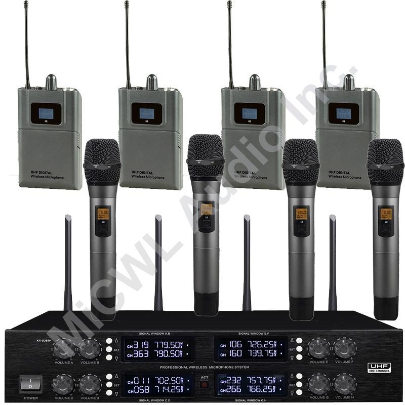 Professional Digital Wireless Audio Microphone 8 Desktop Metal Handheld Headset Lavalier Cordless Set Large Range 400 Channel - MiCWL Audio Inc