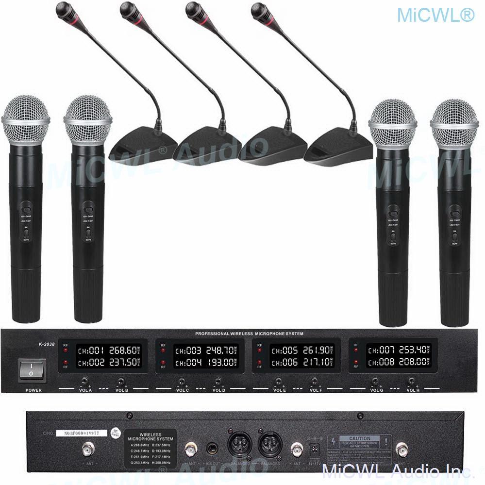 MiCWL 8 LED Channel Wireless Table Gooseneck Microphone loudspeaker System 8 Desktop 8 Belt Lapel Handheld Mics for Meeting Room - MiCWL Audio Inc