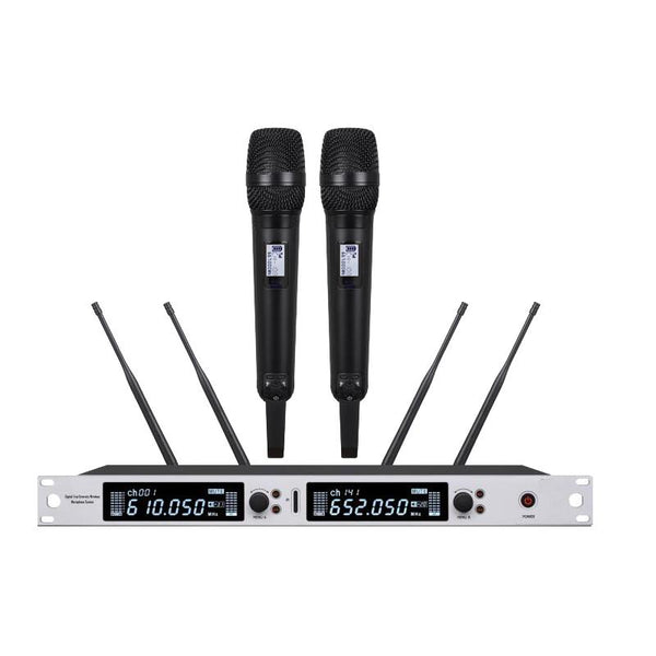 UHF Dual Channel True Diversity Digital Wireless DJ Karaoke Stage Sing Microphone System EM6000 Black Handheld Mic