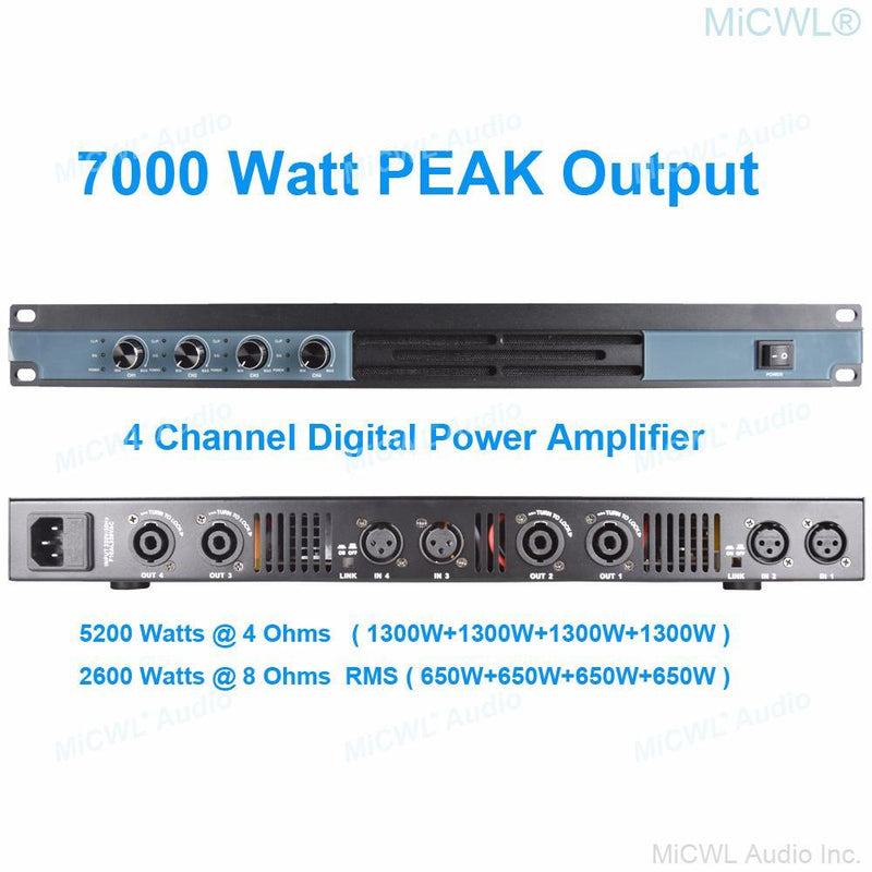 High Quality Dual Way Digital Power Amplifier 5200W 4 Channel x 650W Drive Speaker AMP 1U 19" Design MiCWL D6200 - MiCWL Audio Inc