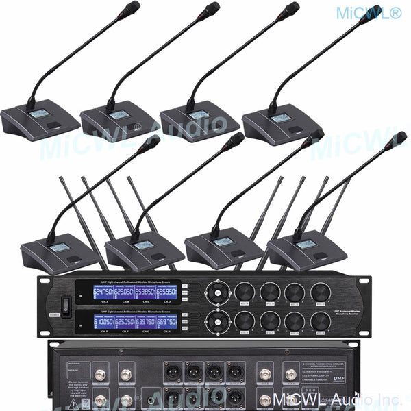 MiCWL U8800 High-end 8 Desk Gooseneck Cardioid Condenser Microphone System 8 XLR 3Pin 6.35mm Mix Output Conference Meeting Mics