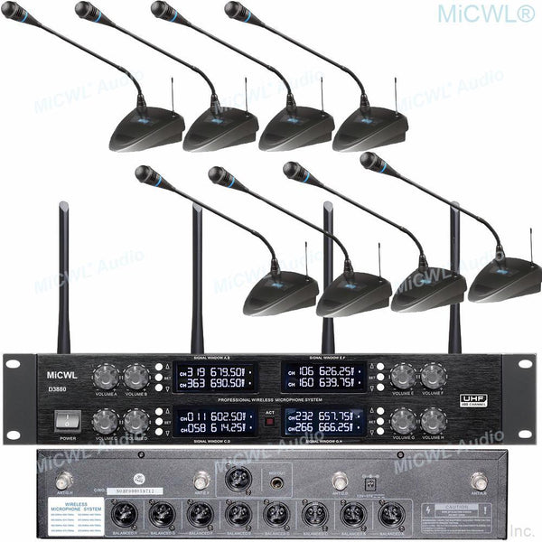 Professional MiCWL D3880 8-Channel Wireless Microphone Meeting Room Training Gooseneck Condenser Mic Independent XLR Connector - MiCWL Audio Inc
