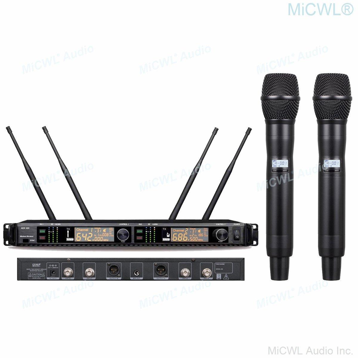 MiCWL AD4D Dual Handheld Wireless DJ Karaoke Stage Sing Microphone 4 Antenna True Diversity ADX400 Digital System 500m Range - MiCWL Audio Inc