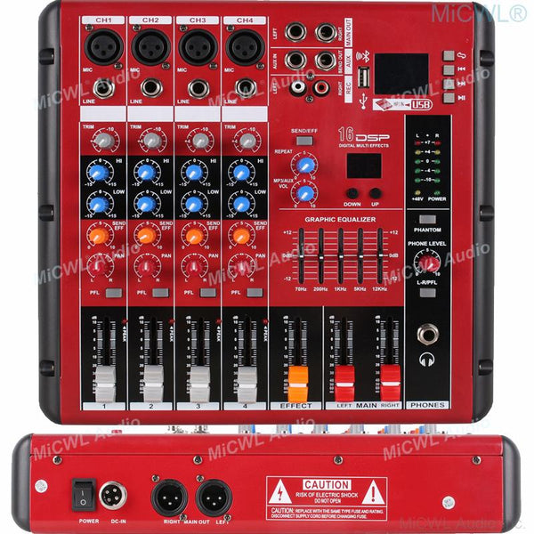 Pro Red 4 Channel Bluetooth Audio Mixer 4-Input 2-Bus XLR 3Pin DJ Live Sound Mixing Console with USB MP3 EQ 48V Phantom Power