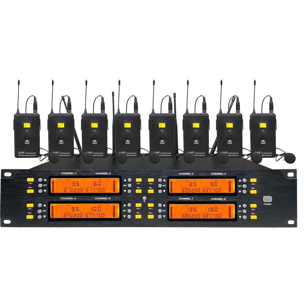 Professional UHF 8 Lavalier Lapel Wireless Microphone System Adjustable Frequency Conference 8 Table - MiCWL Audio Inc
