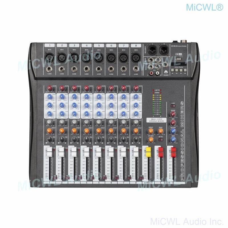 High Quality 8 Microphone Channel Bluetooth Mixing Console Sound Mixer with 48V USB DSP MiCWL CT800 - MiCWL Audio Inc