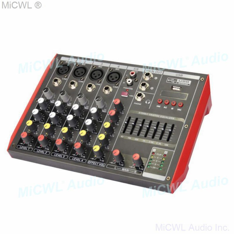 MG6 6 Microphone Input Channel Professional Sound Audio Stage Home Studio Live Mixng Bluetooth EQ USB 48V Console Mixer - MiCWL Audio Inc